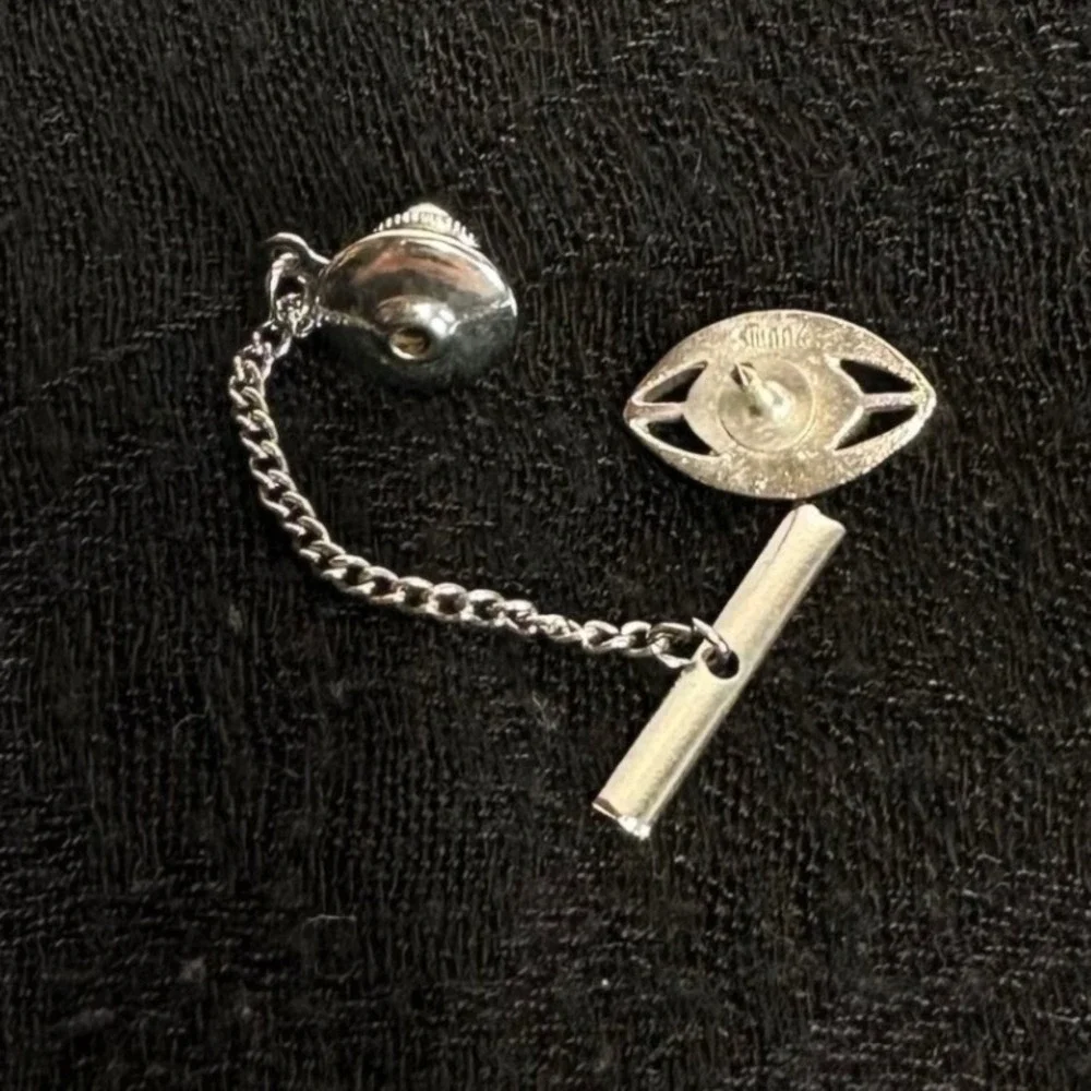 Swank Tie Tack Mens Silver‎ Tone Black Vintage Marquise Faux Onyx Chain